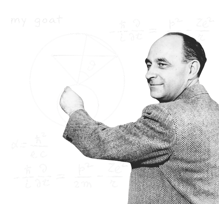 Enrico Fermi beside sketches and equations illustrating estimation